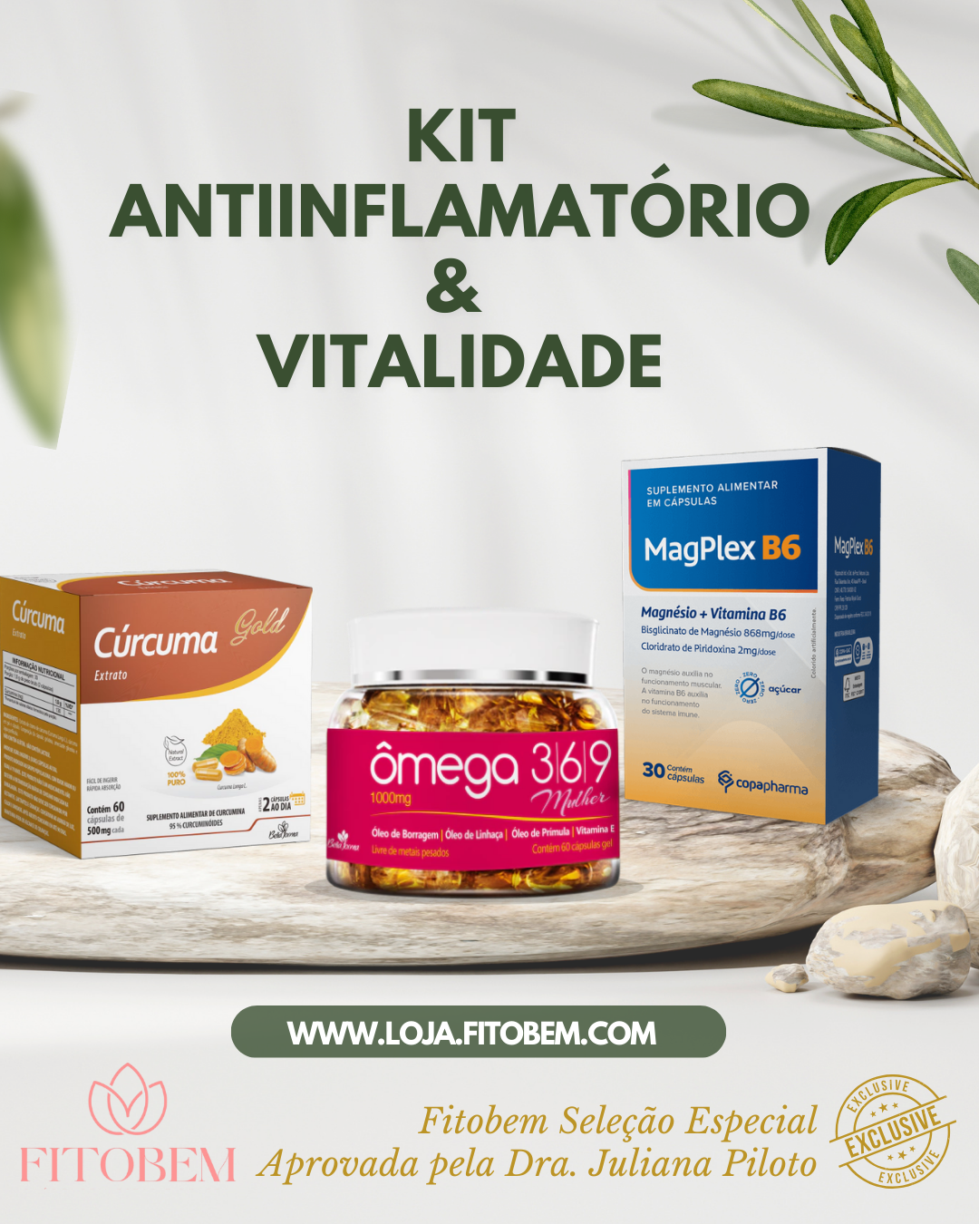 Kit Anti-Inflamatório & Vitalidade: Curcuma Gold 60 caps Bella forma, Magplex B6 30 caps Copapharma, Omega 369 120 caps Bella forma