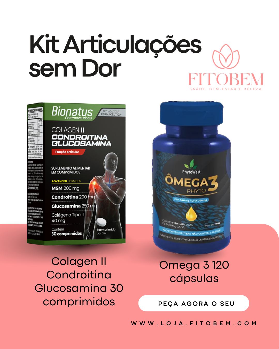kit Articulações sem Dor: Colagen II Condroitina Glucosamina 30 caps + Omega 3 120 caps Phytowest